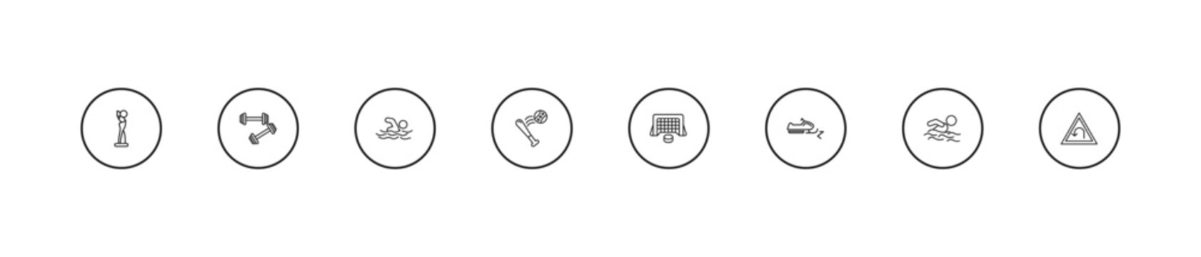 outline sports icons set - swimming figure, home run, hockey goal. editable vector for web and mobile ui