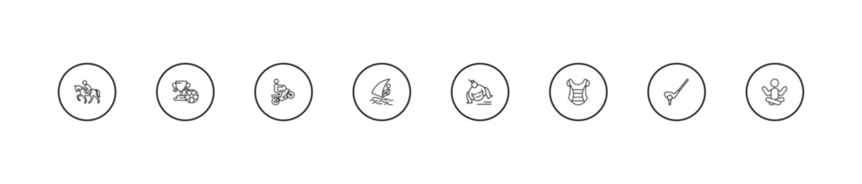 outline sports icons set - motocross, windsurf sea, sumo. editable vector for web and mobile ui