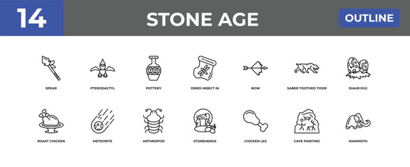 outline stone age icons set - spear, pterodactyl, cave painting. editable vector for web and mobile ui © IconArt