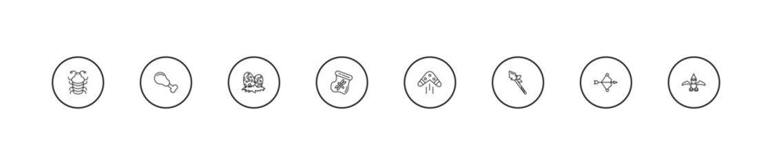 outline stone age icons set - diaur egg, dried insect in amber, boomerang. editable vector for web and mobile ui © IconArt