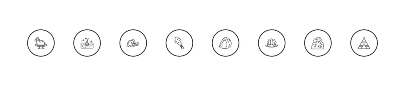 outline stone age icons set - mammoth, cudgel, cave. editable vector for web and mobile ui