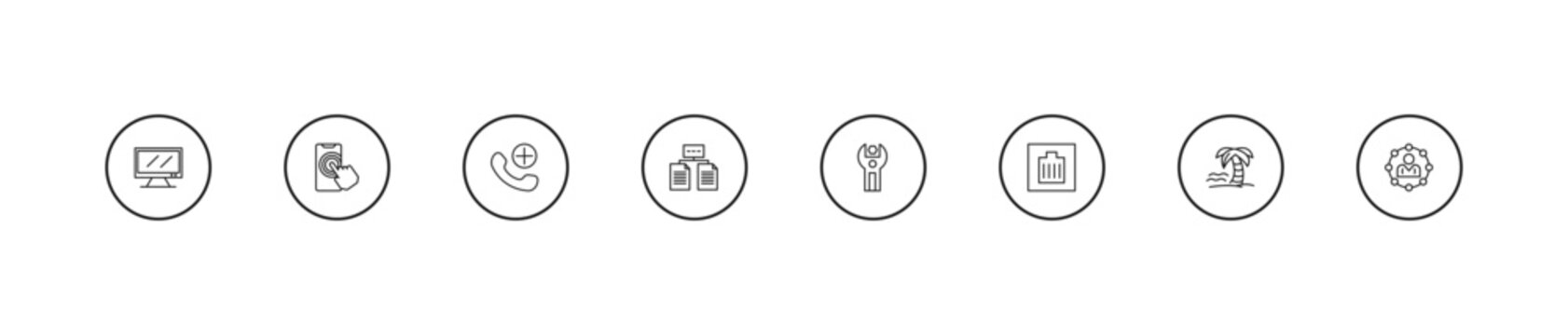 outline technology icons set - add call, data architecture, sdk. editable vector for web and mobile ui