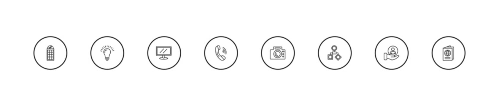 outline technology icons set - lcd screen, telephone receiver, photograph camera. editable vector for web and mobile ui