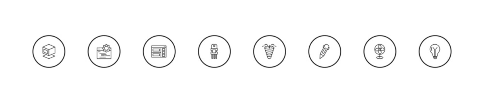 outline technology icons set - semantic elements, resistor, sales funnel. editable vector for web and mobile ui