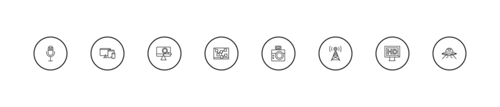 outline technology icons set - digitate, mood board, retro squared camera. editable vector for web and mobile ui