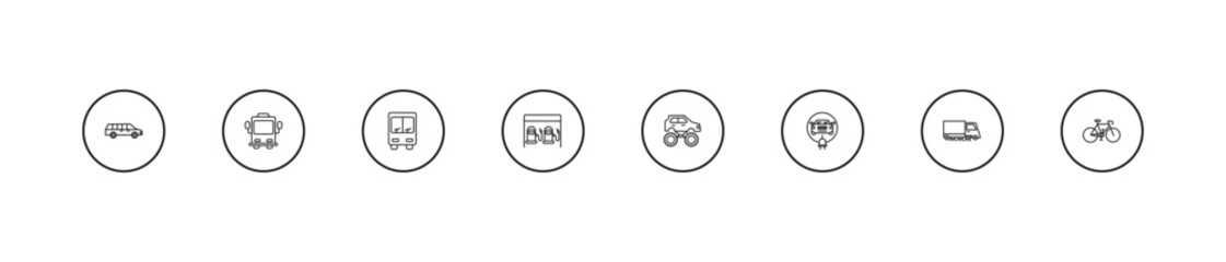 outline transportation icons set - public transportation, petrol station, monster truck. editable vector for web and mobile ui © IconArt