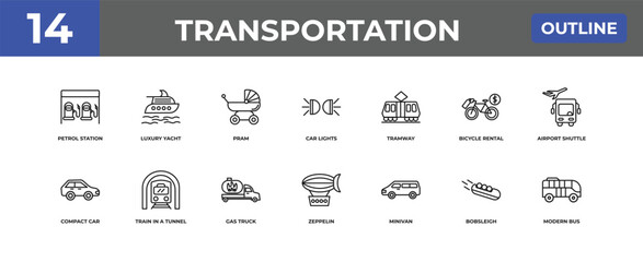 outline transportation icons set - petrol station, luxury yacht, bobsleigh. editable vector for web and mobile ui © IconArt