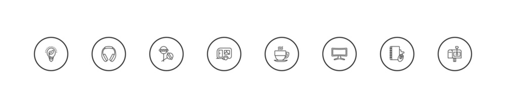 outline tools and utensils icons set - candies, house on wheels, hot cup of coffee. editable vector for web and mobile ui