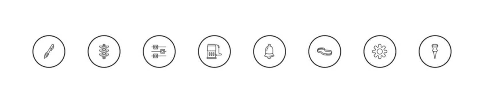 outline tools and utensils icons set - edit tools, fuel oil bomb service, hanging bell. editable vector for web and mobile ui