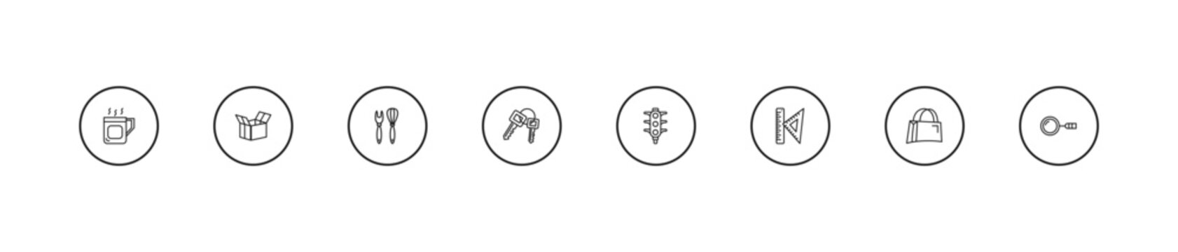outline tools and utensils icons set - utensils, key ring with two keys, semaphore lights. editable vector for web and mobile ui