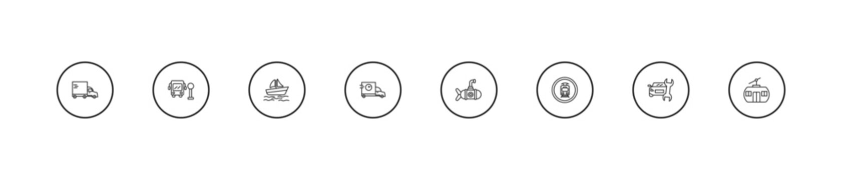 outline transportation icons set - pt boat, carrier, small submarine. editable vector for web and mobile ui