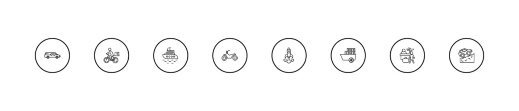 outline transportation icons set - yacht, motorbike, space rocket launch. editable vector for web and mobile ui