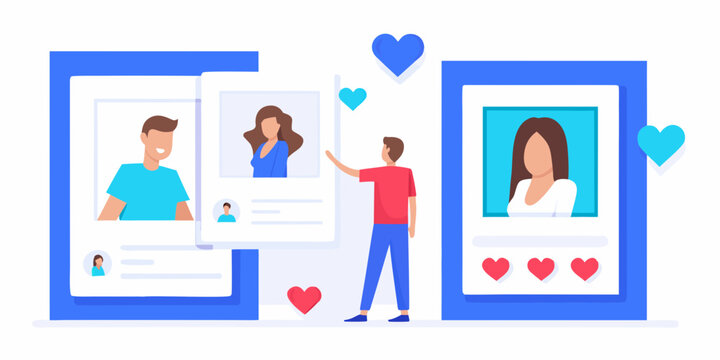 dating app interface illustration with people profiles and heart icons