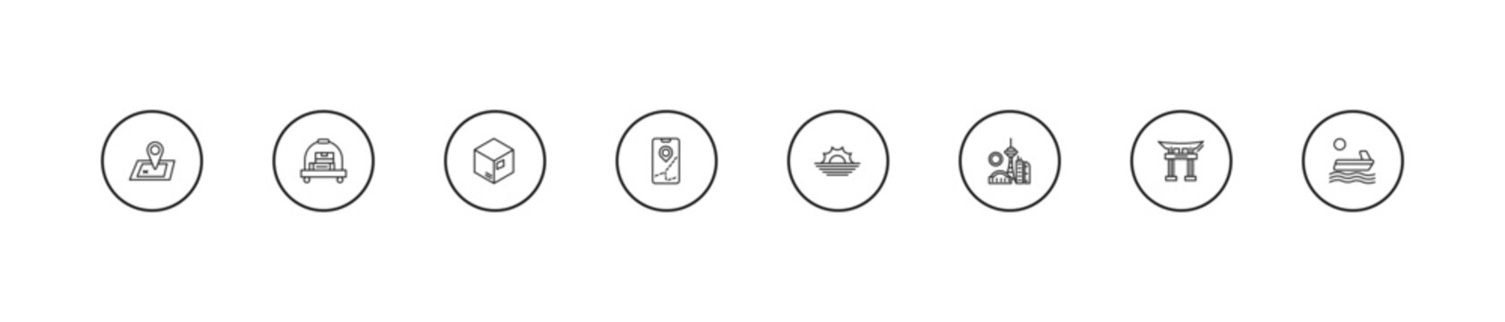 outline travel icons set - packing, mobile map, sun. editable vector for web and mobile ui