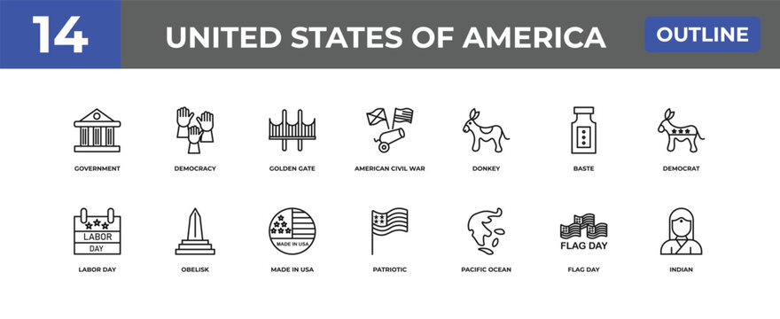 outline united states of america icons set - government, democracy, flag day. editable vector for web and mobile ui