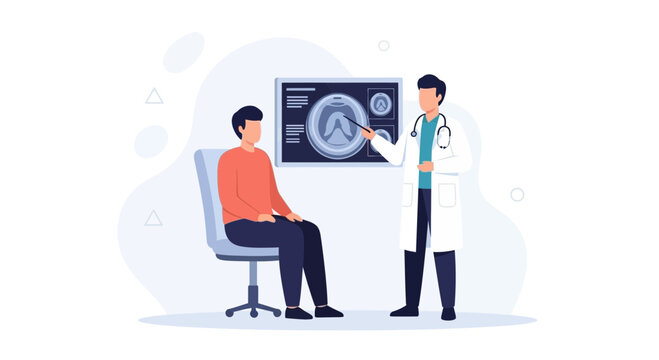 Doctor showing brain scan to patient in clinic, medical consultation, healthcare concept