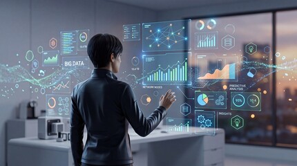 Obraz premium Futuristic big data analytics dashboard, business intelligence graphs and charts, predictive analysis network nodes, financial market trends visualization