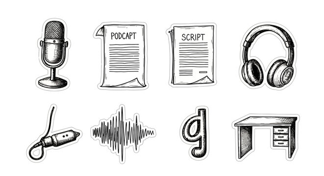 Black and white illustrations of podcasting equipment and symbols.