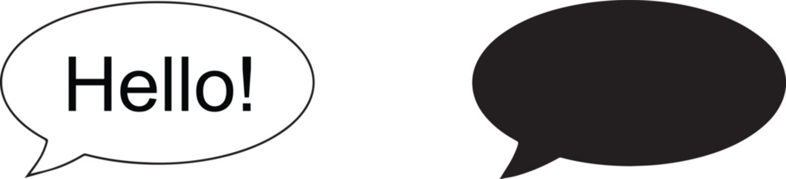 Cartoon speech bubble with hello text black silhouette and line art.