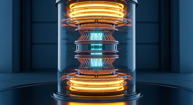 cylindrical energy containment vessel with glowing rings and central core futuristic technology high quality
