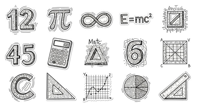 Mathematical symbols and geometric shapes.