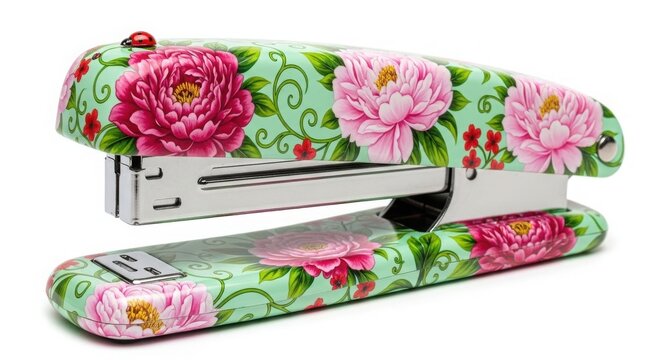 Colorful floral stapler and staple remover on white background