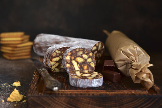 Homemade delicious chocolate salami cake.
