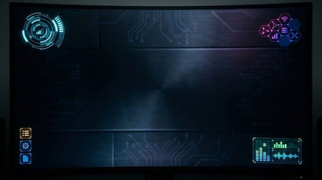 Computer monitor displays a futuristic digital interface with dark metallic textures and glowing data visualization elements integrated into a sleek high-tech navigation dashboard for professional.