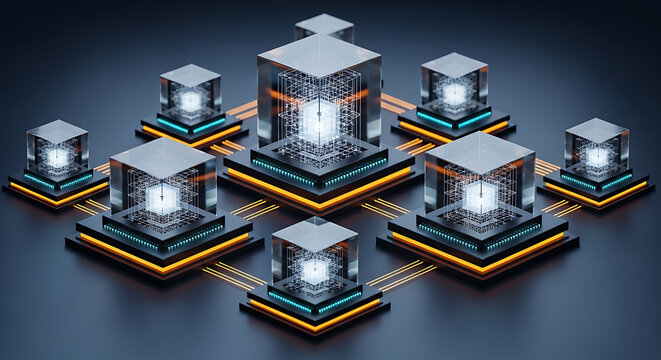 abstract quantum computing network with illuminated cube structures and glowing connections high quality professional