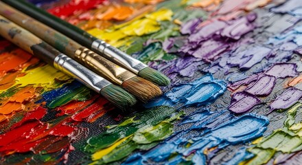 Obraz premium Closeup of paintbrushes on a colorful palette
