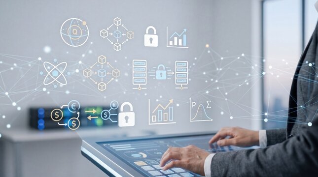 Fintech blockchain data analysis on hologram interface, cryptocurrency trading platform, decentralized finance application, smart contract execution, digital wallet management,