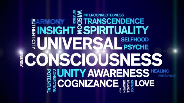 Universal Consciousness animated word cloud-text design animation tag kinetic typography seamless loop.