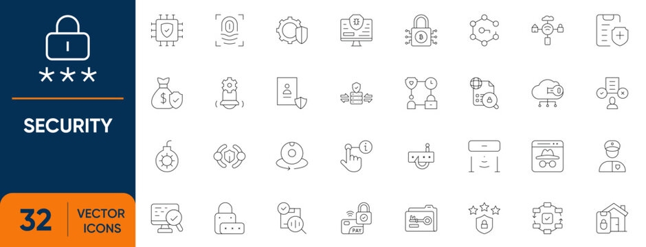 Security Icon Set. Containing Cybersecurity, Safety, Camera, Information, Airport, Internet, Monitoring, Password and more. Editable vector Line icons collection.