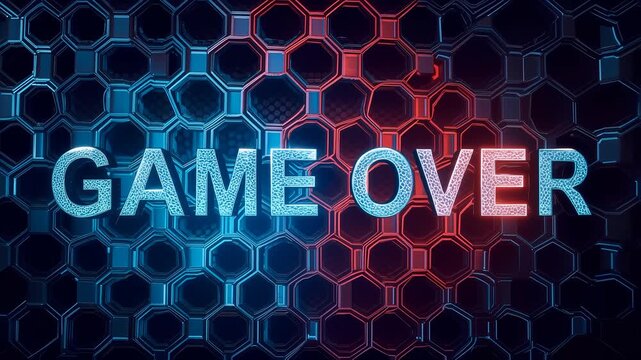 Futuristic Game Over Text with Blue and Red Glowing Effects on Tech Octagon Background - 3D Cyberpunk Animation