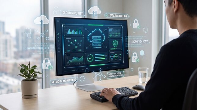 Cybersecurity monitoring dashboard with cloud security, data protection and network analytics on computer screen in modern office environment.