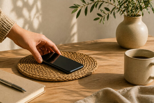 Close-up of hand placing smartphone face down on desk, soft natural light, minimalist environment, digital detox and focus concept.