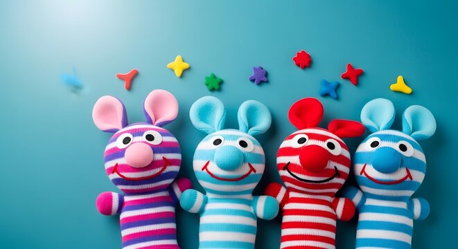 Four colorful knitted bunny toys with big ears and smiling faces on a teal background with scattered colorful star shapes