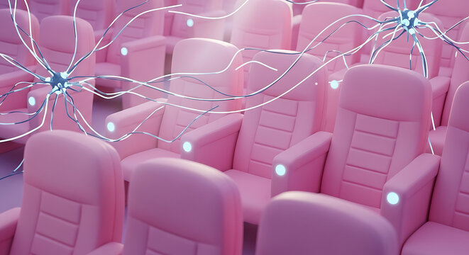 Rows of empty pink theater seats illuminated by soft light, overlaid with abstract glowing neural network connections symbolizing ideas or data flow