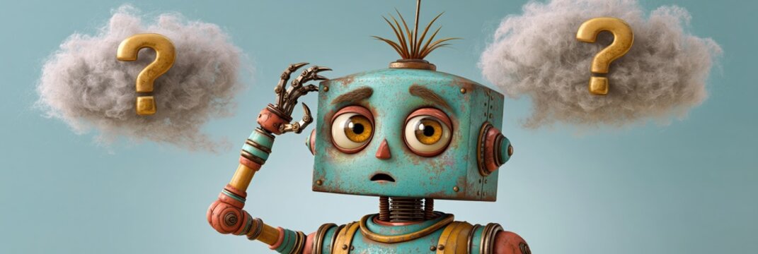 Rustic teal robot puzzled expression in blue studio background