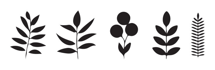 Collection of black leaf and berry silhouettes for graphic. © MST