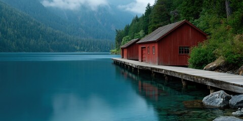 Fototapeta premium Red boathouses reflecting on calm mountain lake dock