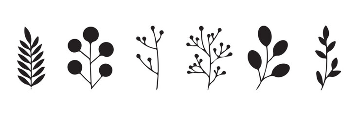 Set of decorative black botanical foliage and berry sprigs. © MST