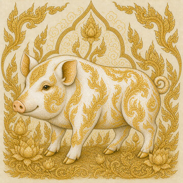 Golden Thai zodiac Pig illustration on vintage background