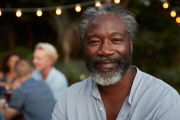 Obraz premium Older man smiling at outdoor evening party setting