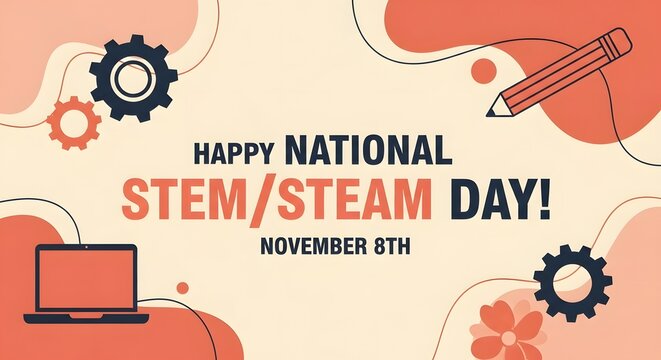 National stem and steam day celebration banner with icons of gears, laptop, and pencil