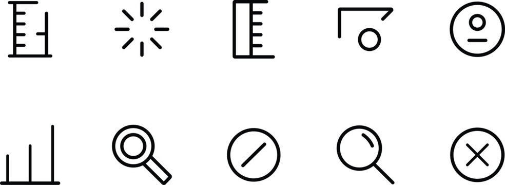 Collection of simple line icons representing various abstract concepts like measurement search user and deletion isolated on transparent background