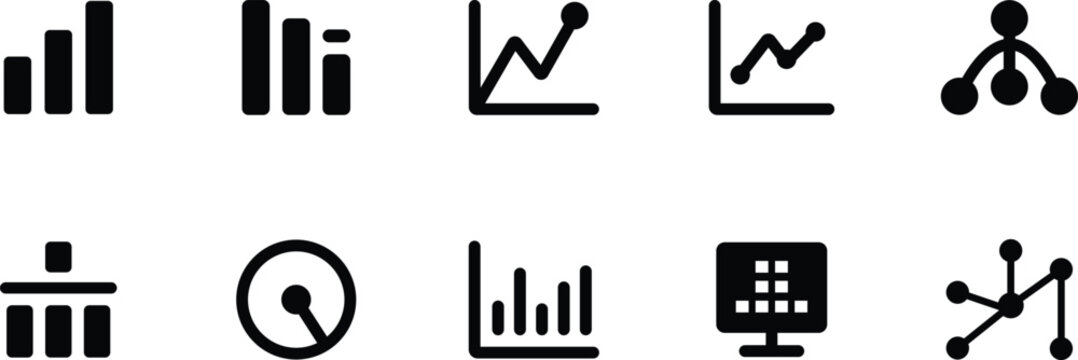 Collection of business analytics and data visualization icons including bar graphs line charts and network diagrams