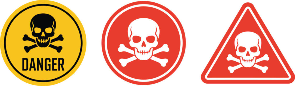 Skull and crossbones warning signs in red and yellow circles and triangles for danger and toxic hazard design