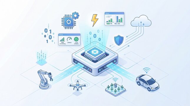 Isometric edge computing concept with central processor connecting to cloud, autonomous car, drone, robotic arm and smart agriculture sensors for data processing and IoT network.