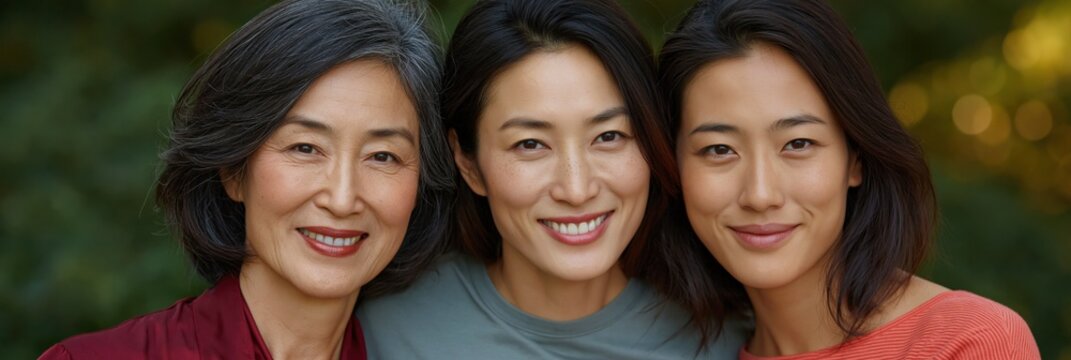 Three generations of women smiling together in outdoor setting
